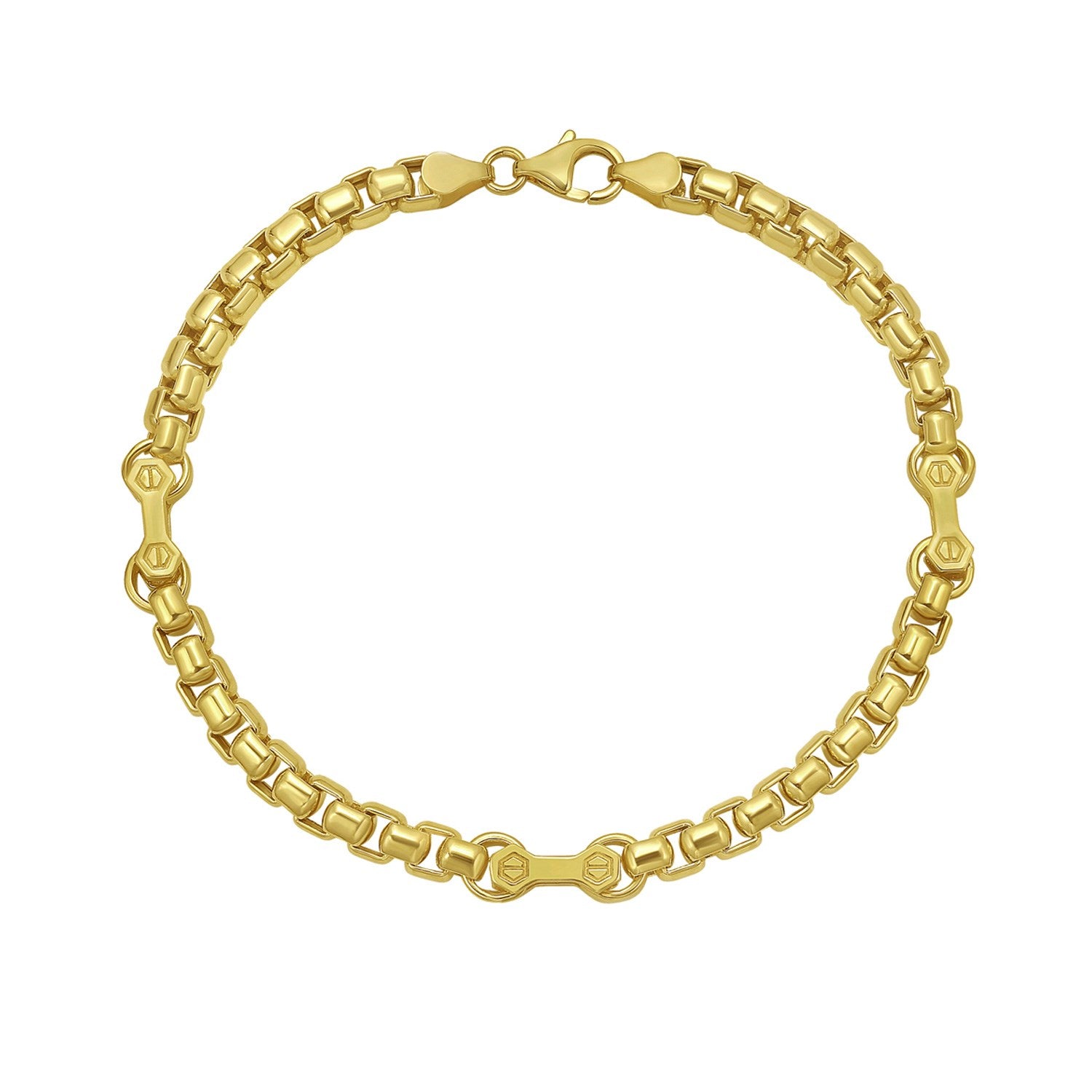 14K yellow gold round box hardware bracelet with a lobster clasp.