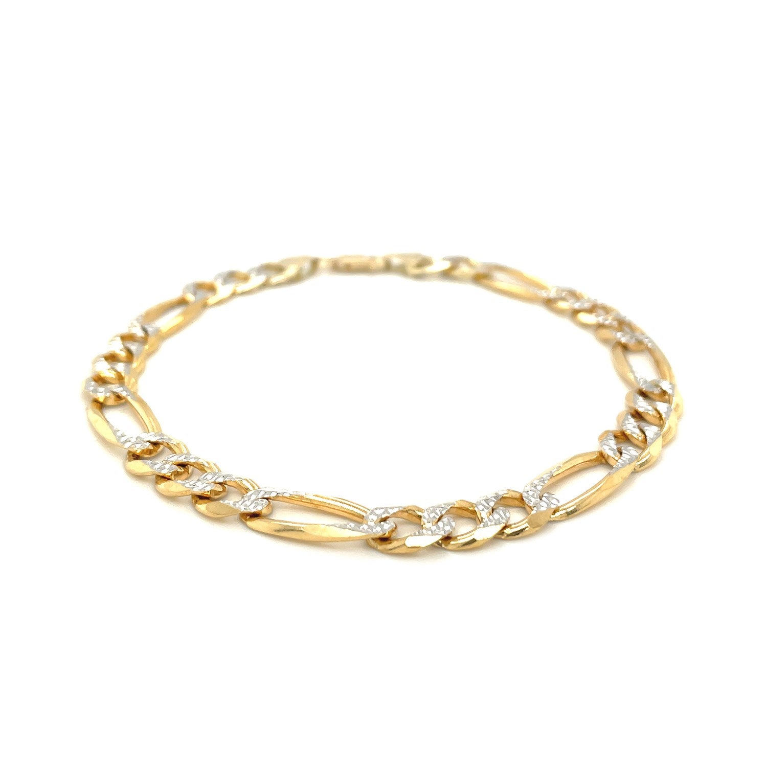 14K yellow two-tone solid pave figaro bracelet with a lobster clasp.