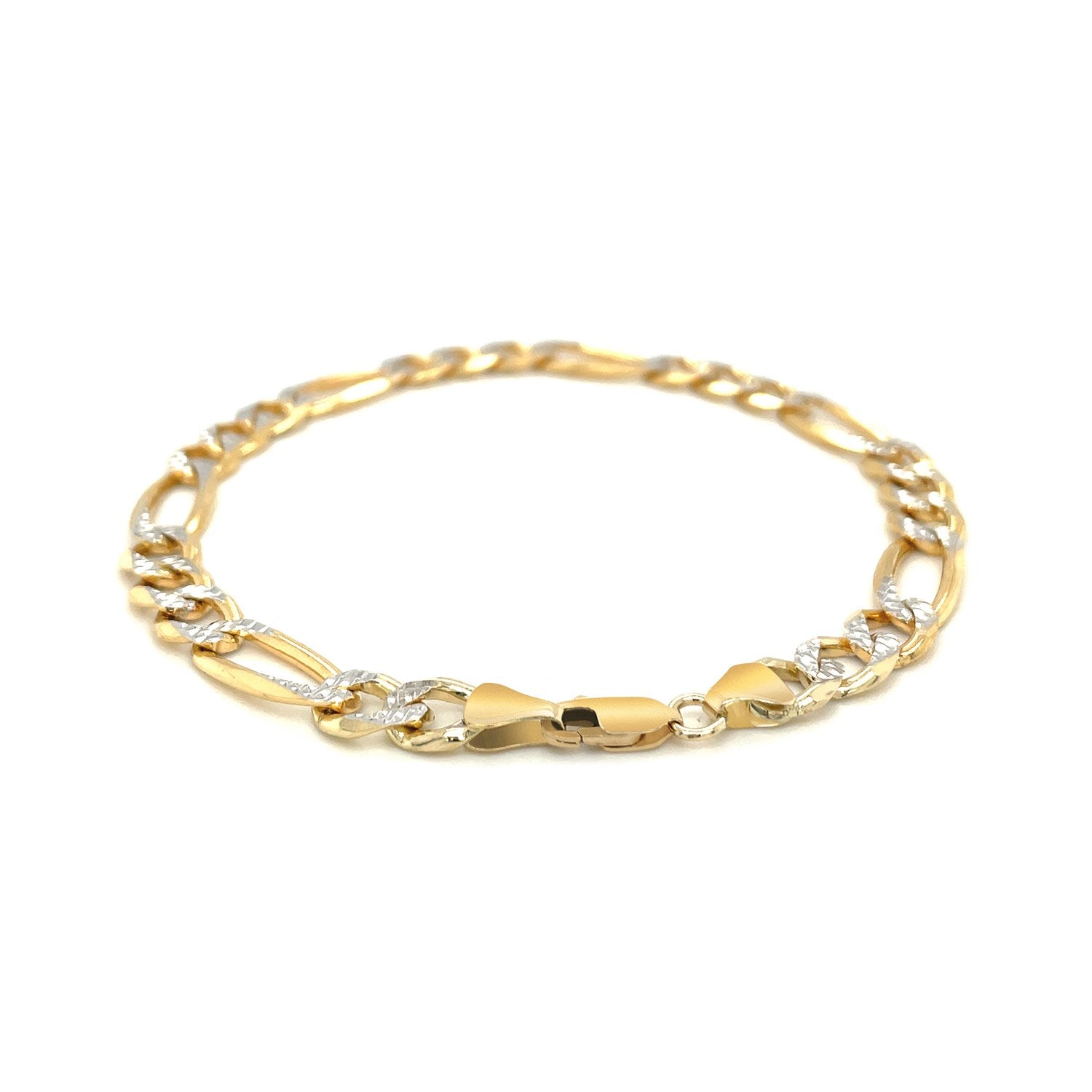14K yellow two-tone solid pave figaro bracelet with a lobster clasp.
