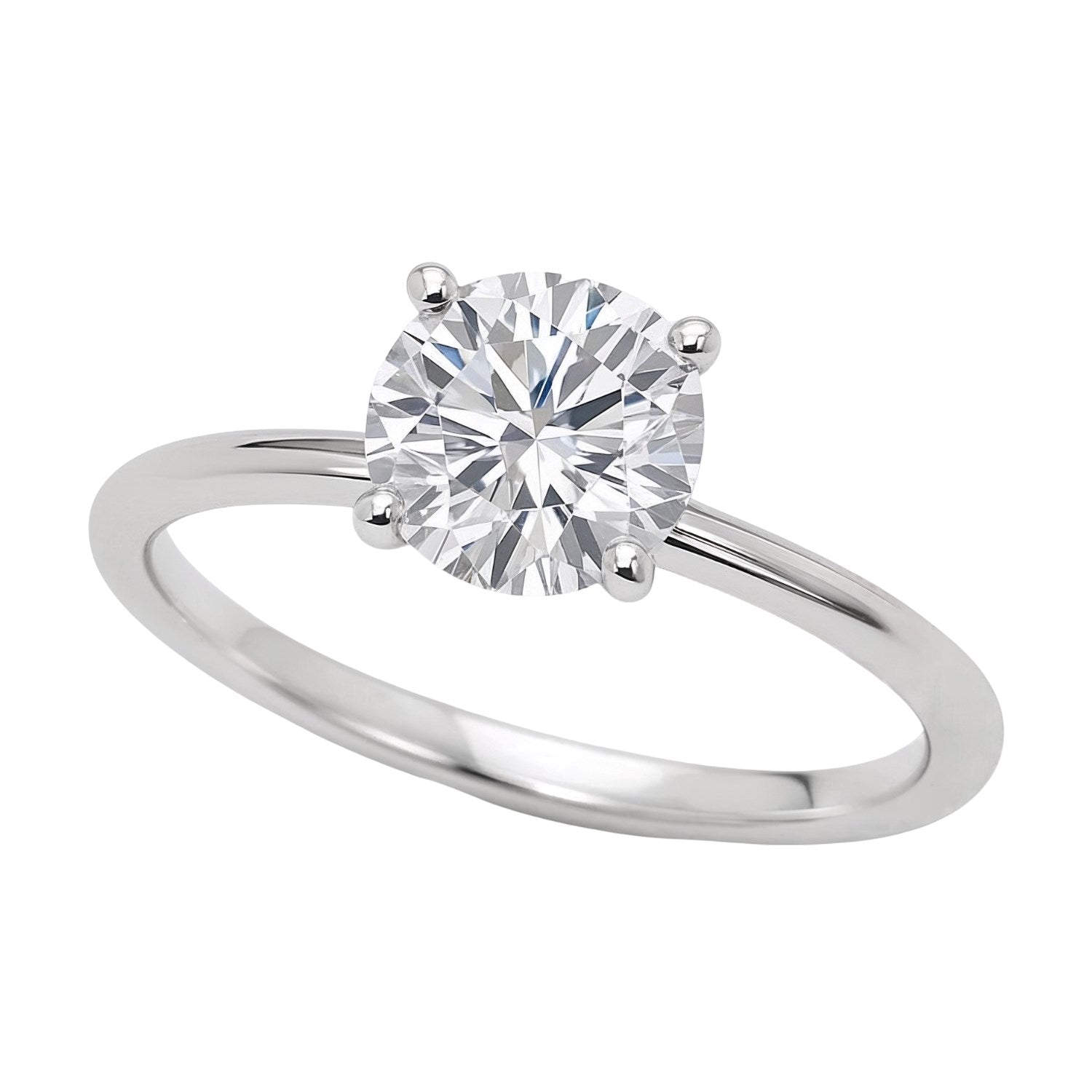 A sterling silver solitaire ring with a round, brilliant-cut lab-grown diamond.