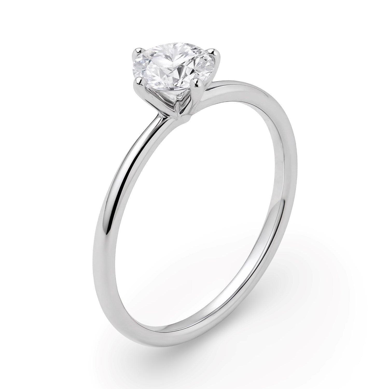 A sterling silver solitaire ring with a round, brilliant-cut lab-grown diamond in a four-prong setting.