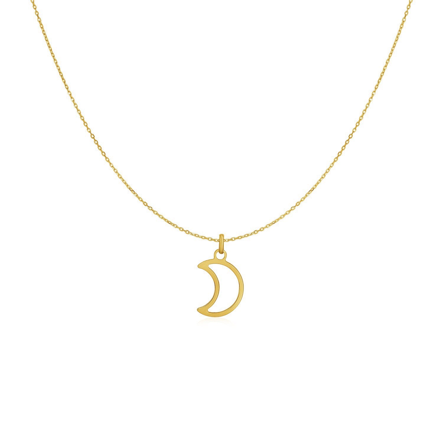 14k yellow gold cable chain necklace with a crescent moon pendant.
