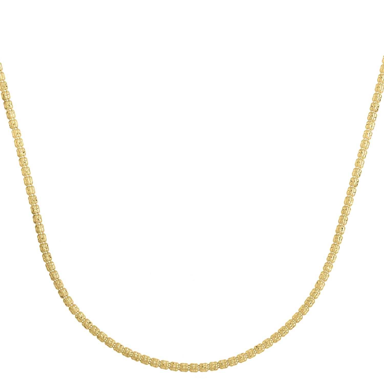 A 14k yellow gold ice barrel chain, 2.7mm wide, forms a U-shape.