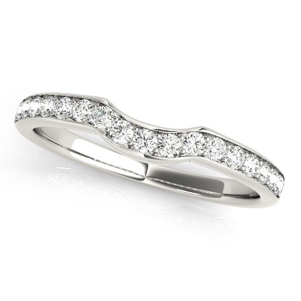 14k white gold curved wedding ring with prong-set round diamonds.