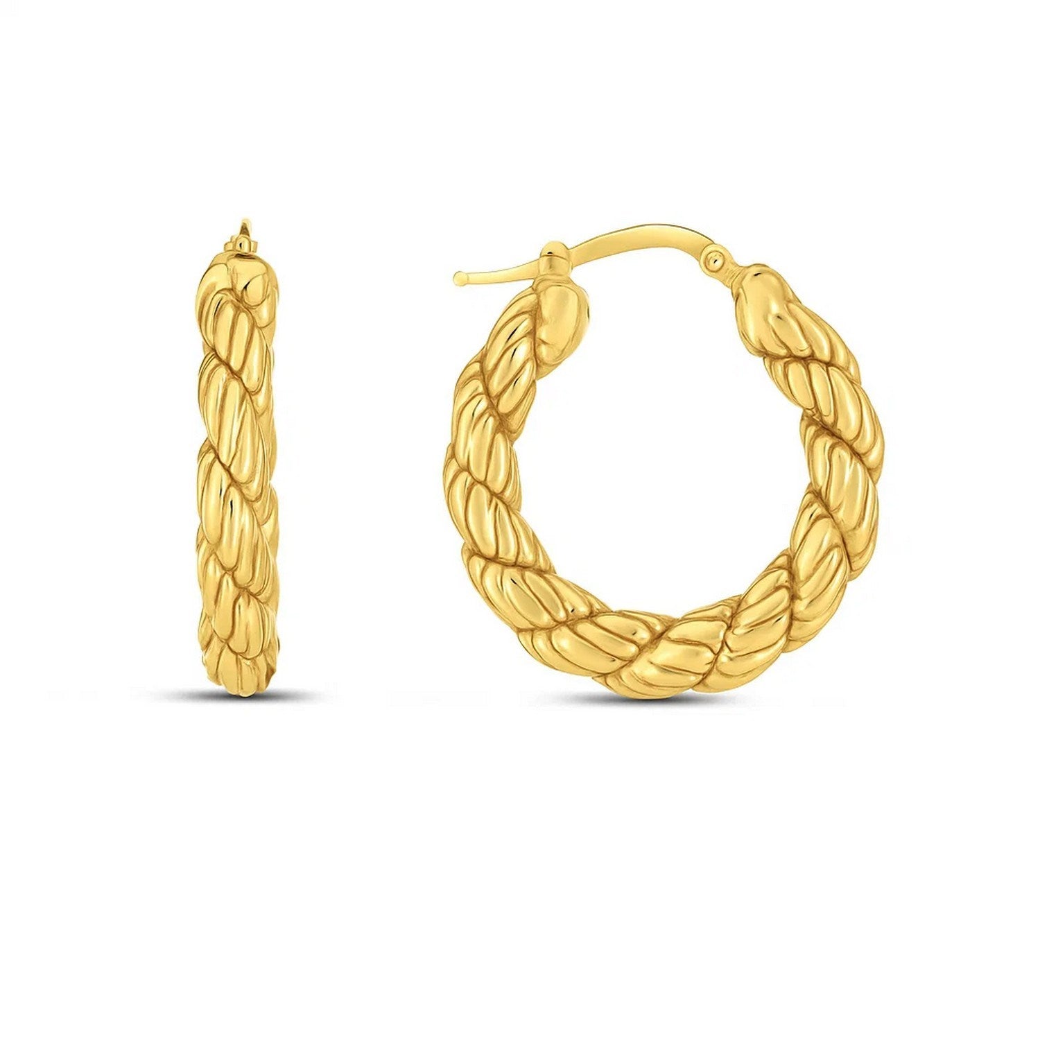 Two 14k yellow gold rope hoop earrings with a hinged snap back closure.