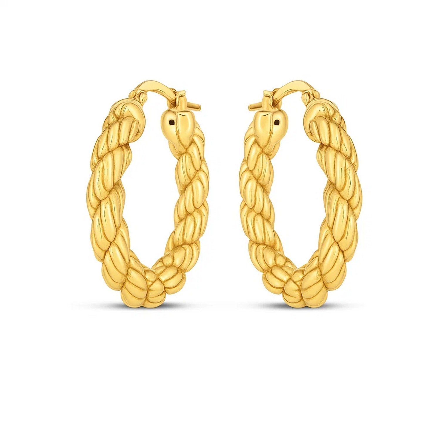 Pair of 14k yellow gold rope hoop earrings with a hinged snap back.