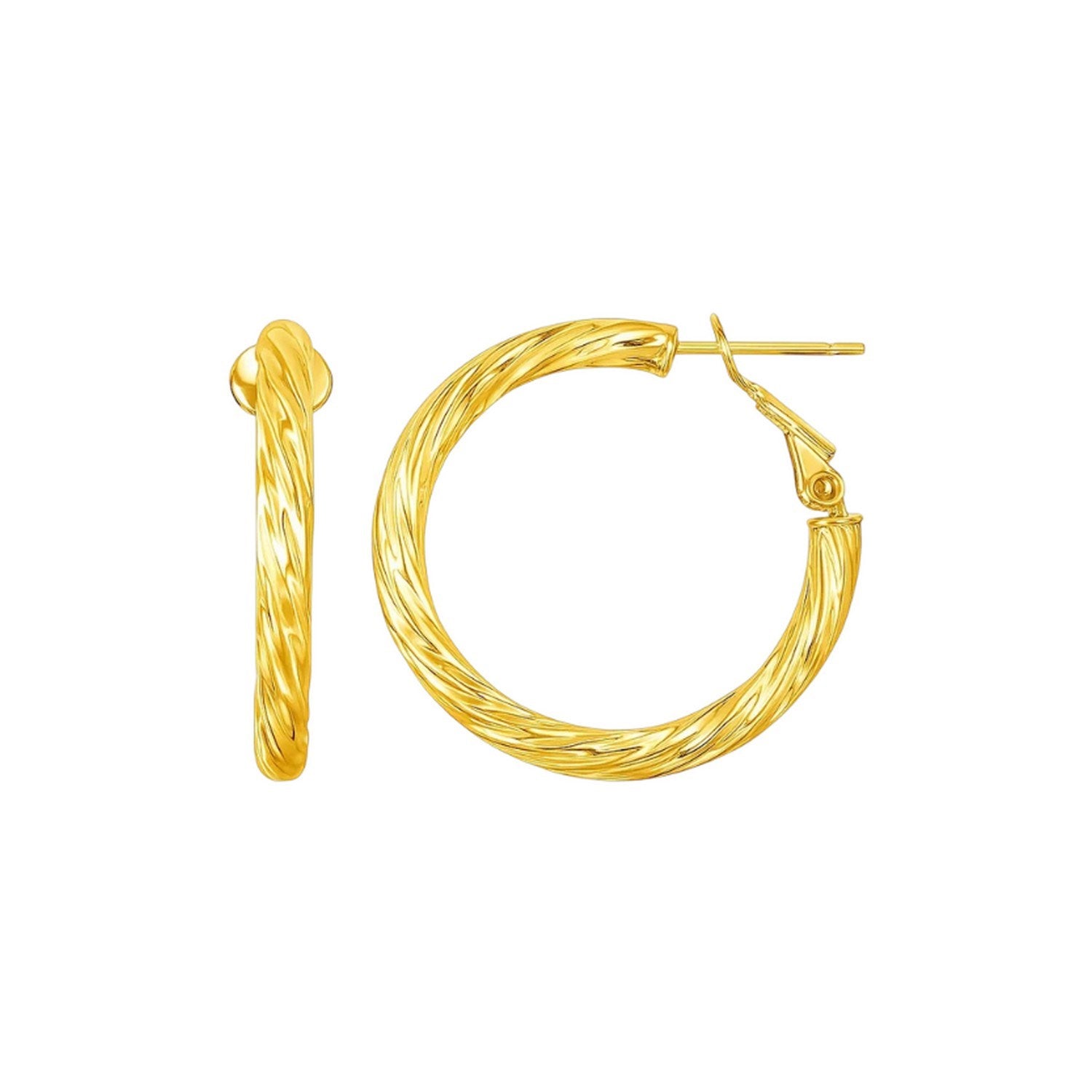 14k yellow gold petite twisted round hoop earrings with snap clasps.