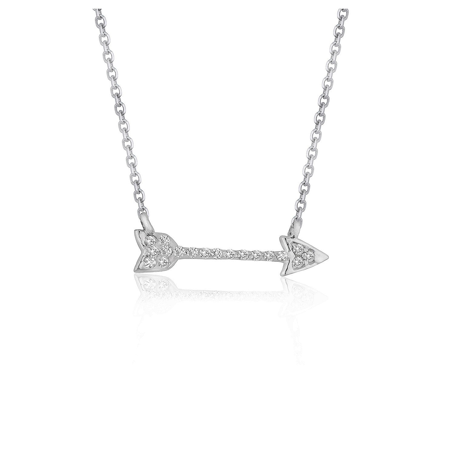 A white gold arrow pendant with diamonds on a cable chain.