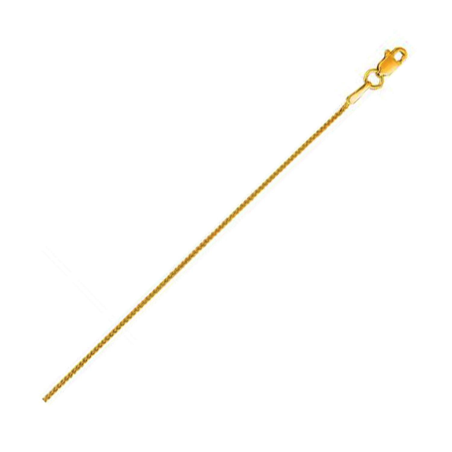 A 14k yellow gold round wheat chain with a lobster clasp.