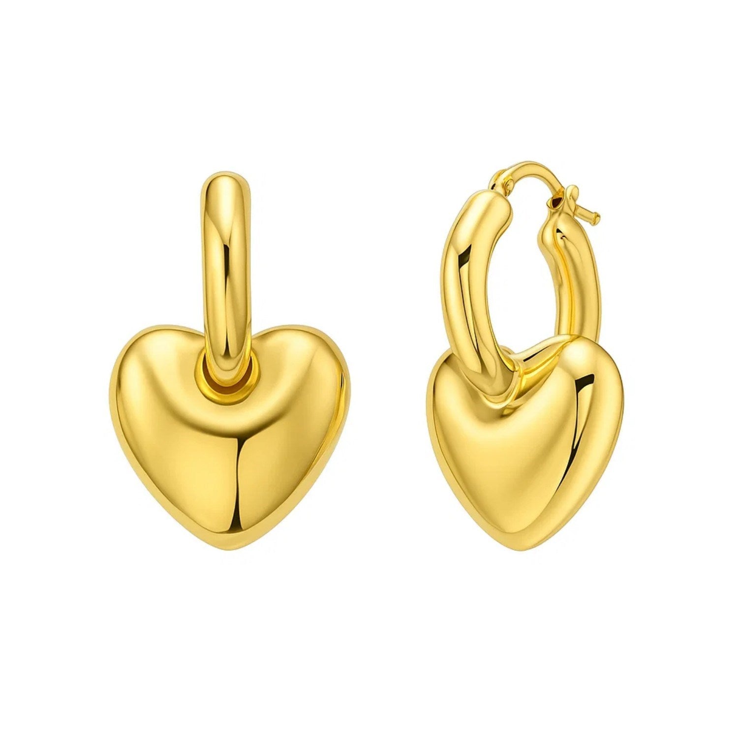 Two 14K yellow gold puffy heart dangle huggie hoop earrings.
