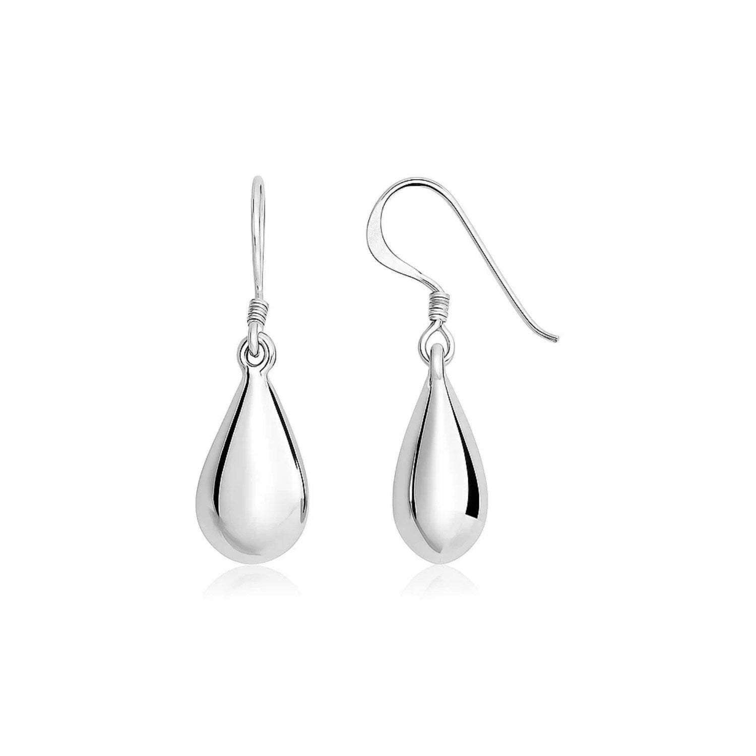 Sterling silver polished puffed teardrop dangle earrings with French wire backings.