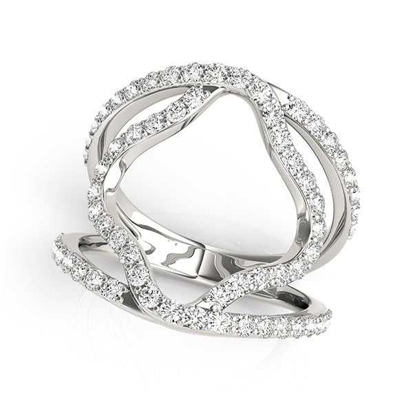 14k white gold diamond flower style dual band ring with 64 round diamonds.