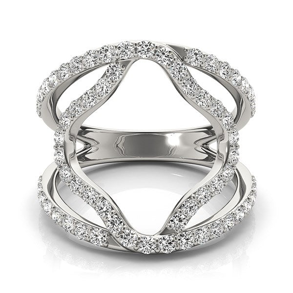 14k white gold dual band ring with 64 round diamonds in a floral style.