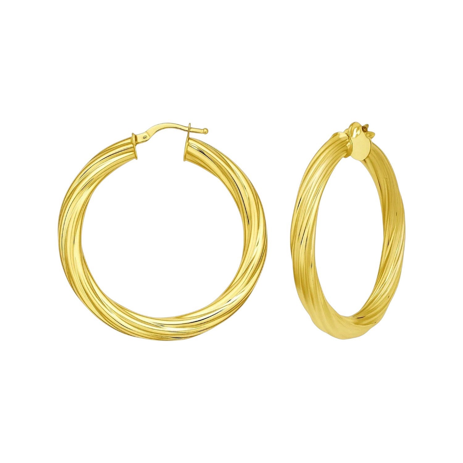 14K yellow gold full twist large hoop earrings with a hinged snap-back clasp.