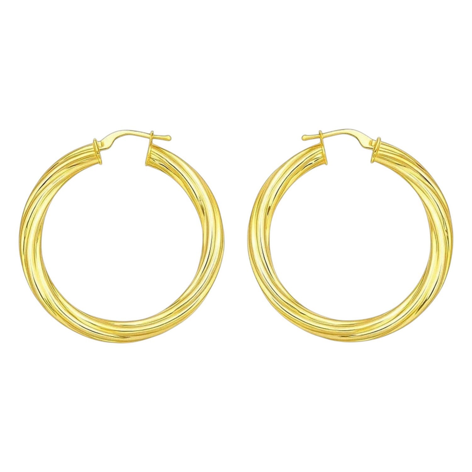 Pair of 14K yellow gold full twist large hoop earrings with hinged snap-back clasps.