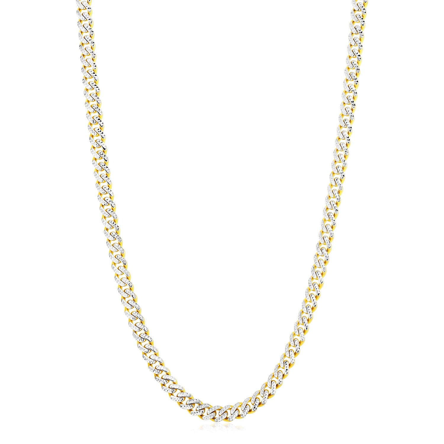 14k yellow gold Miami Cuban chain with white pave and high polish finish.