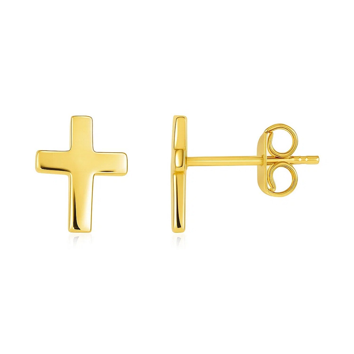 A pair of 14k yellow gold cross post earrings with pushback clasps.