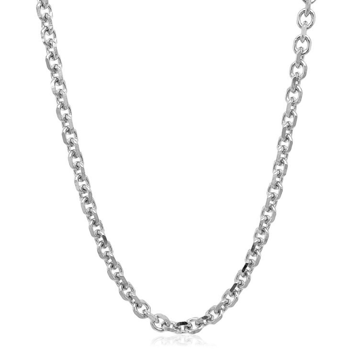 A 14k white gold diamond-cut cable link chain.