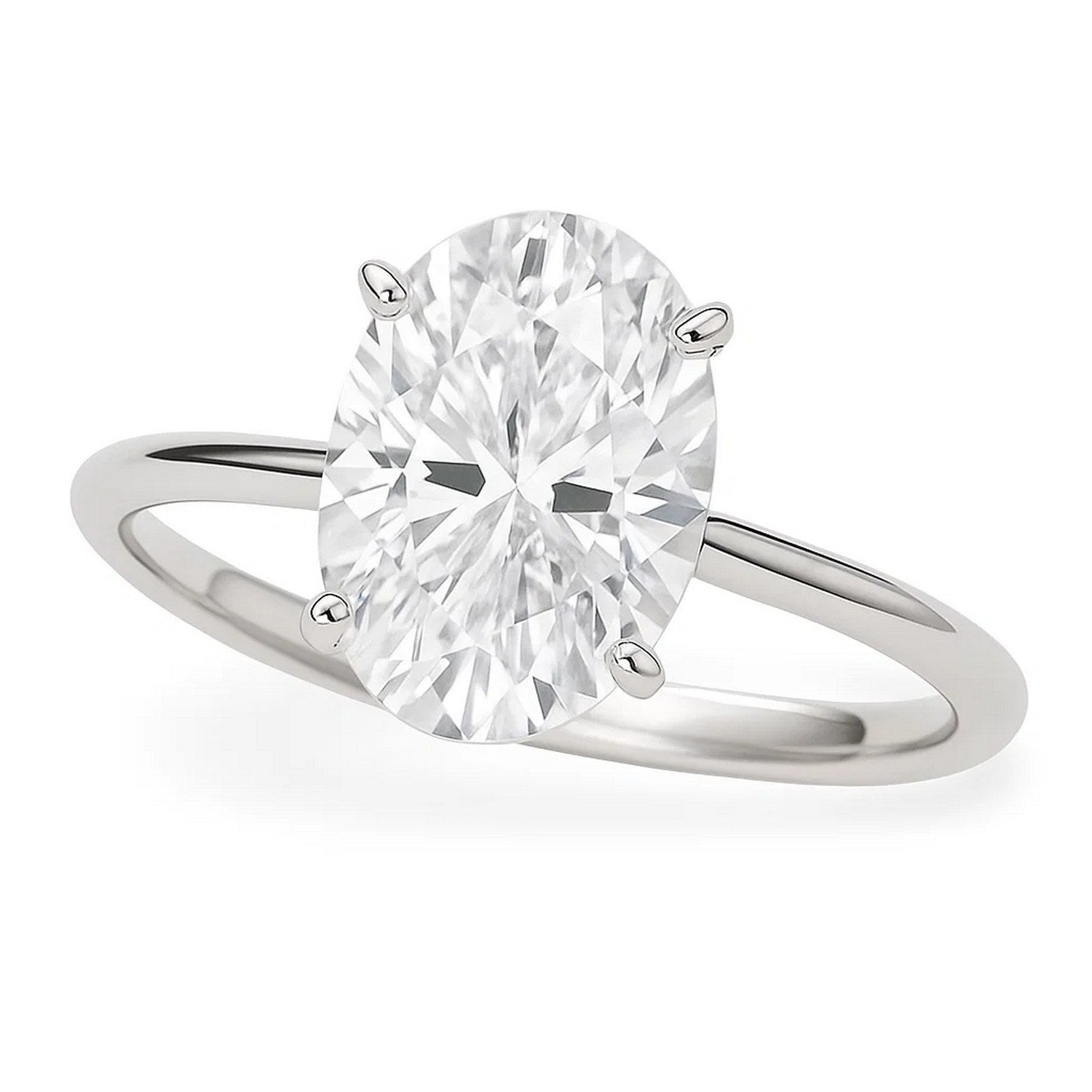 A 14K white gold solitaire ring with a 3 carat oval lab-grown diamond.