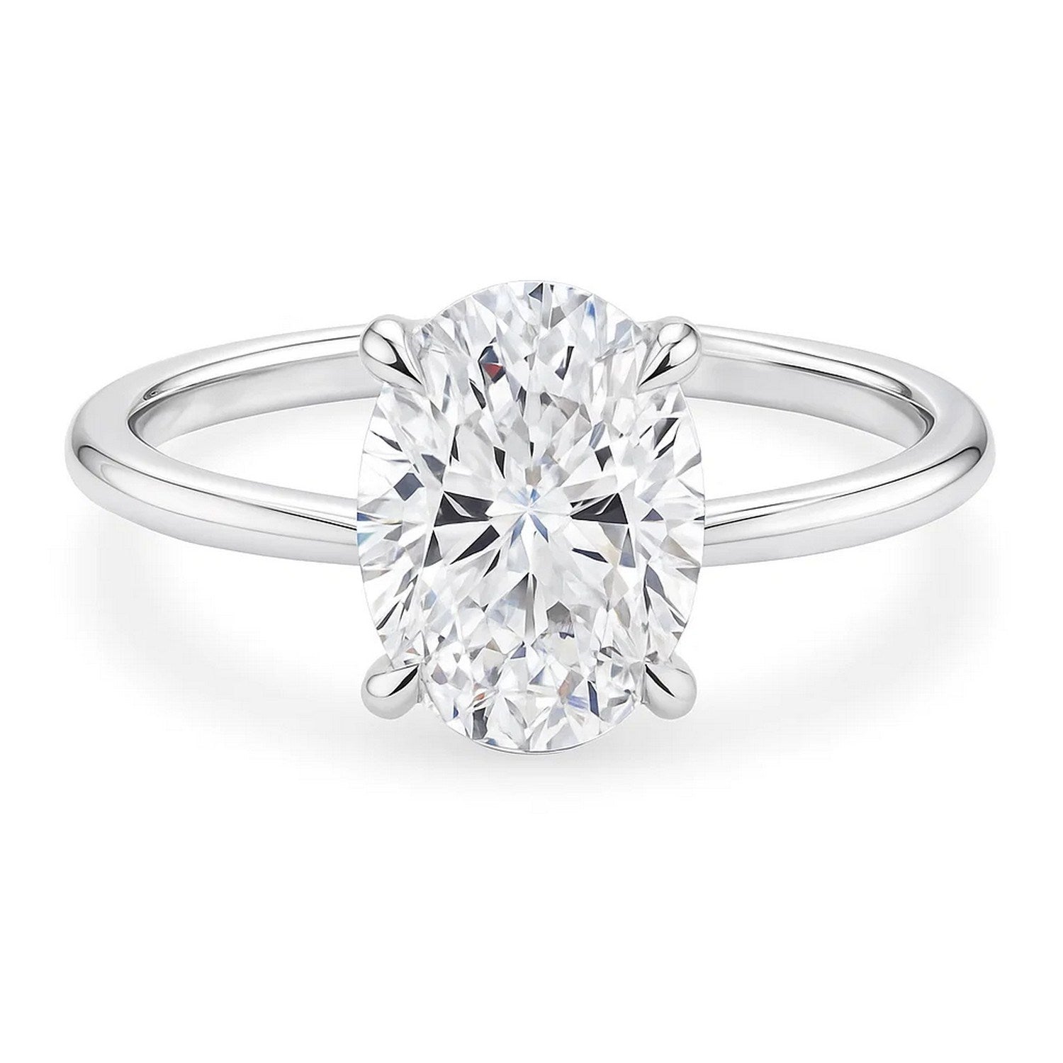 A 3 carat oval lab grown diamond solitaire ring in 14K white gold.