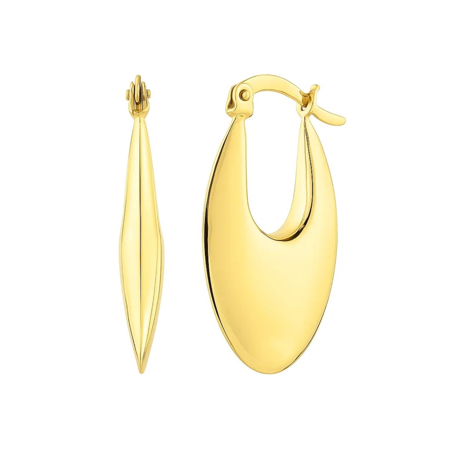 A pair of polished 14K yellow gold oval hoop earrings with hinged snap backs.