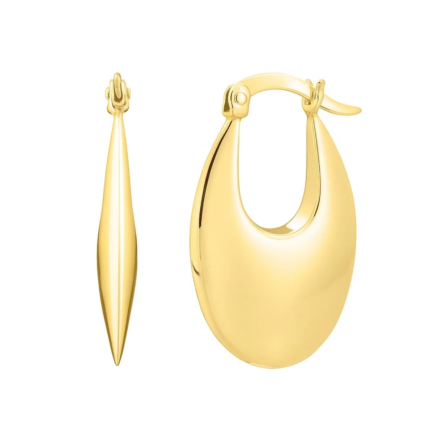 14K yellow gold creole oval hoop earrings with a hinged snap back.