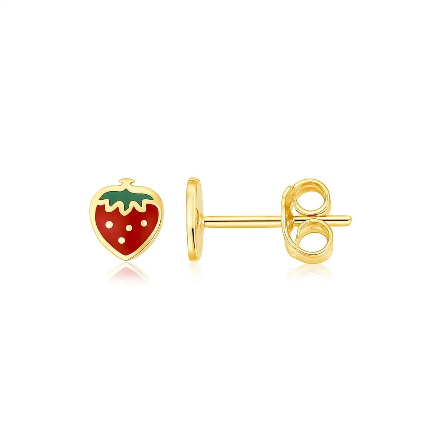 14k yellow gold enameled strawberry children's earrings with screw backs.