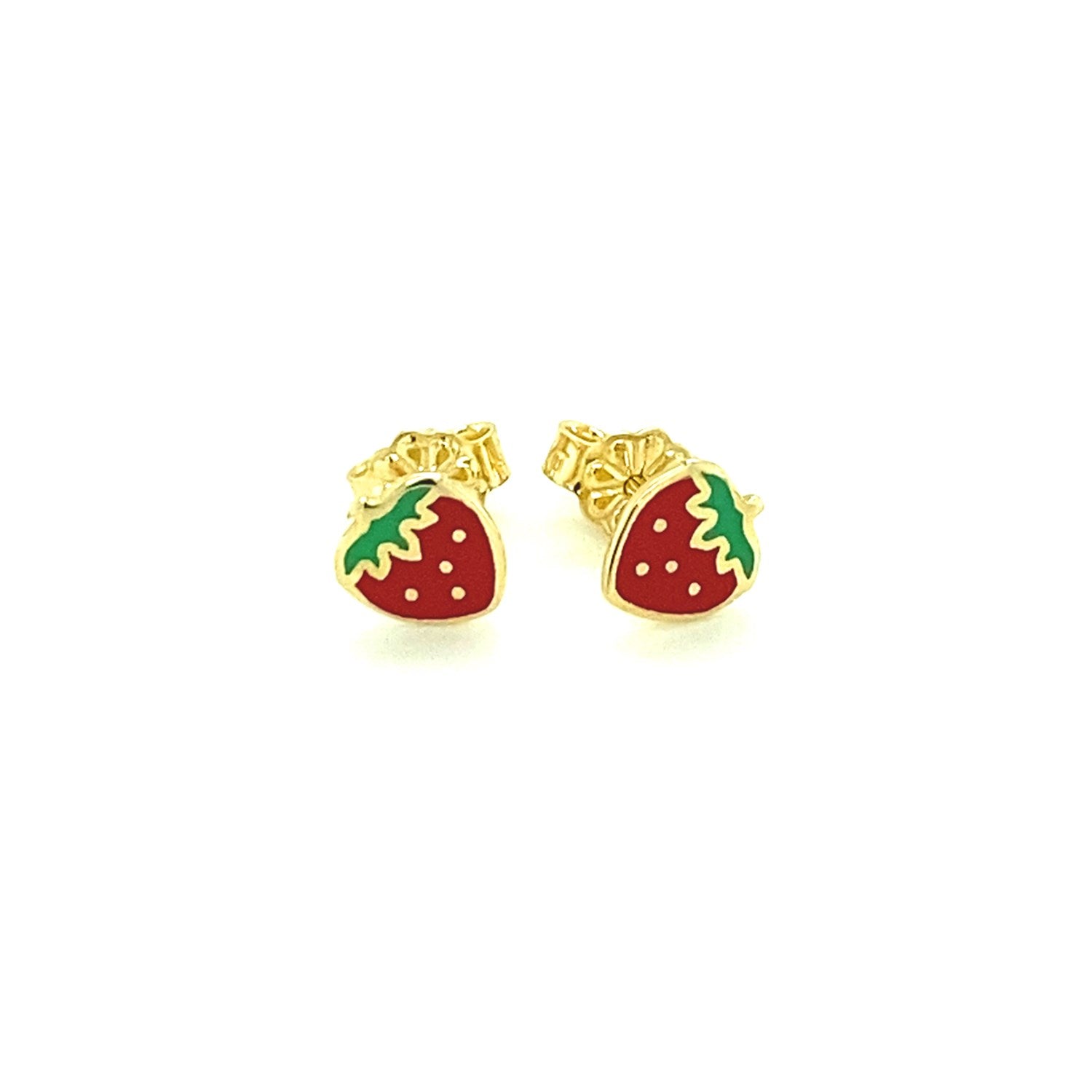 14k yellow gold enameled strawberry children's earrings with screw backs.