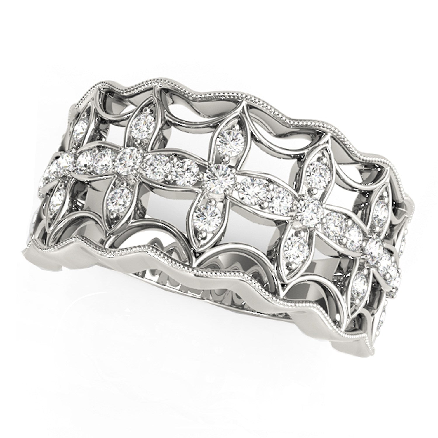 Diamond studded four-leaf clover motif ring in 14k white gold.
