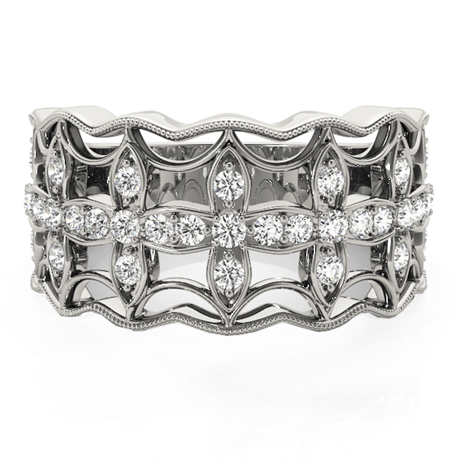 14k white gold ring with diamond-studded four-leaf clover motifs and milgrain edges.