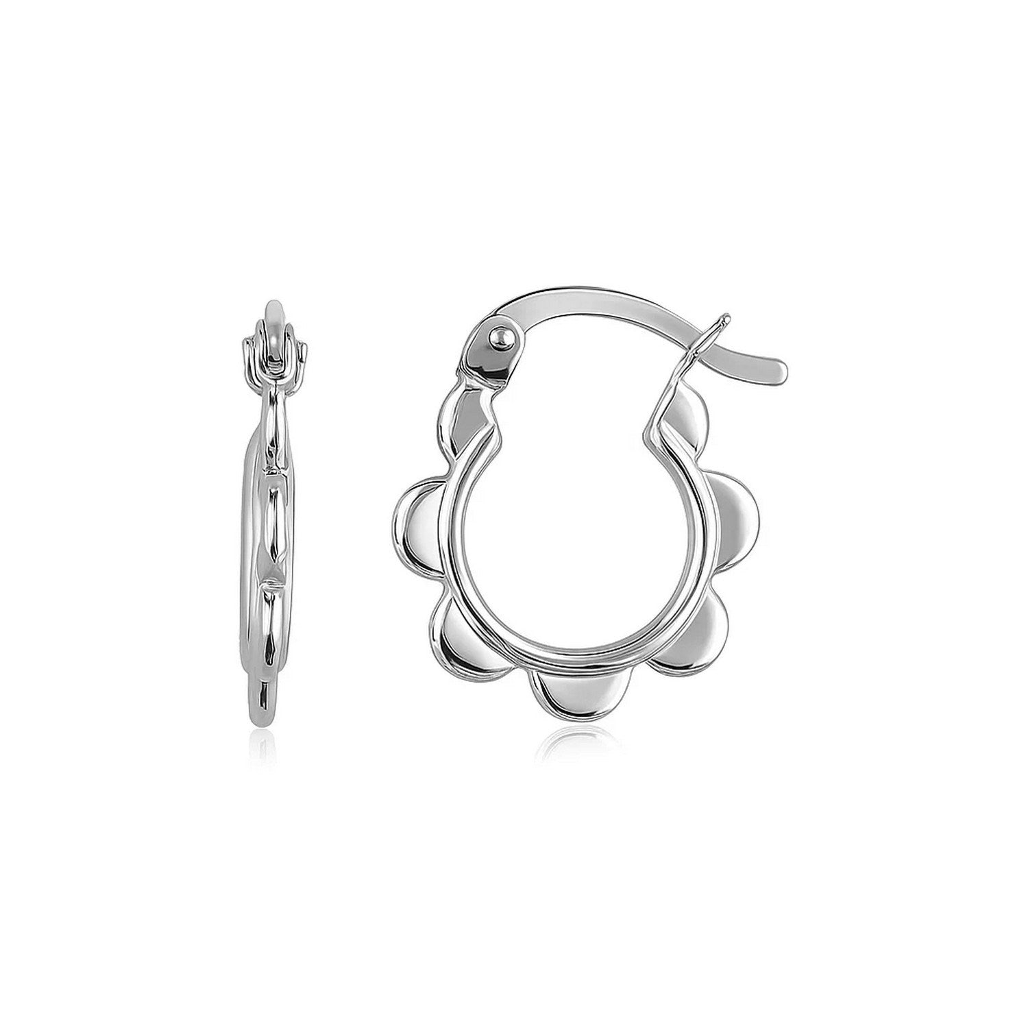 14k white gold scalloped hoop earrings with a hinged snap back closure.