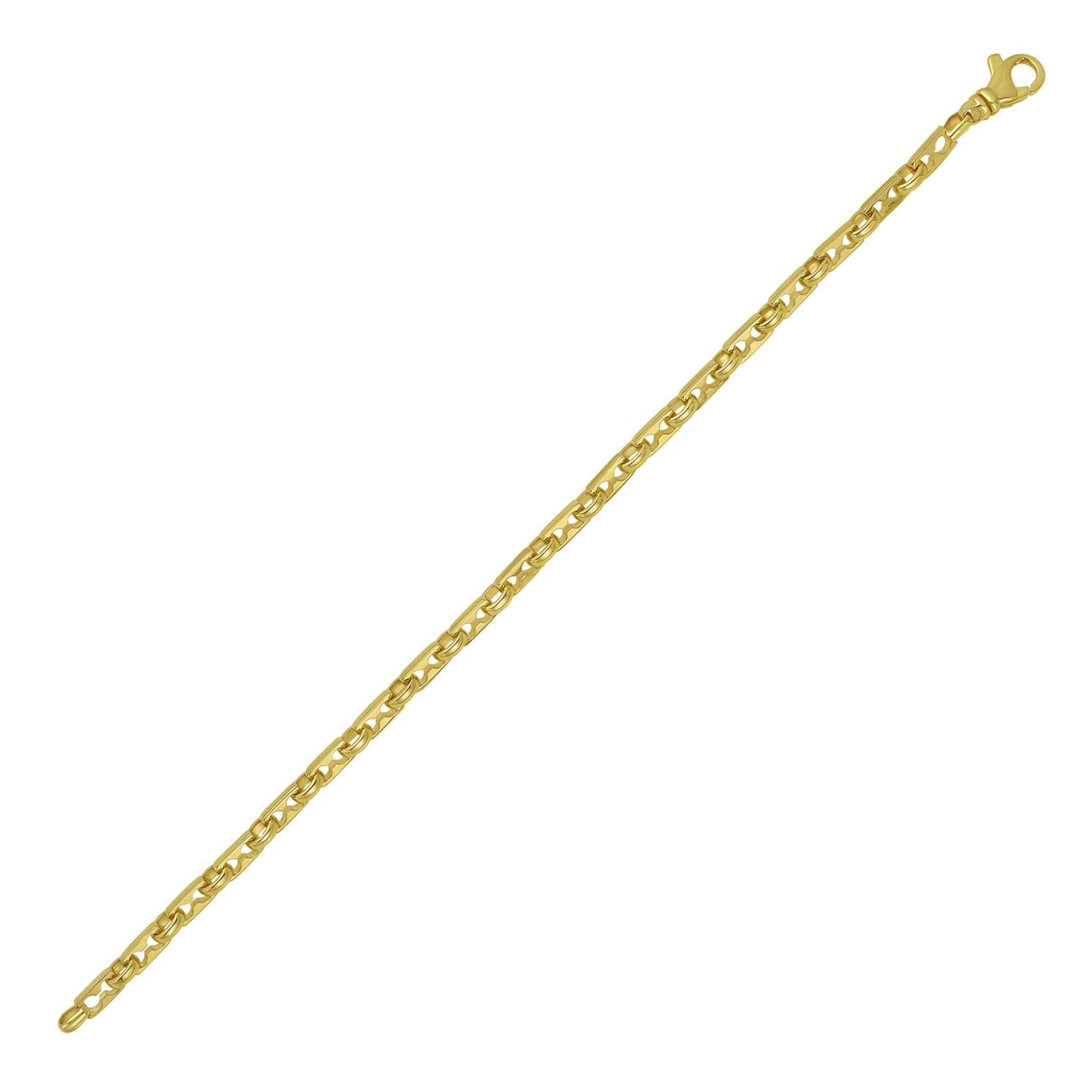 14K yellow gold rectangular railroad link bracelet with a lobster clasp.