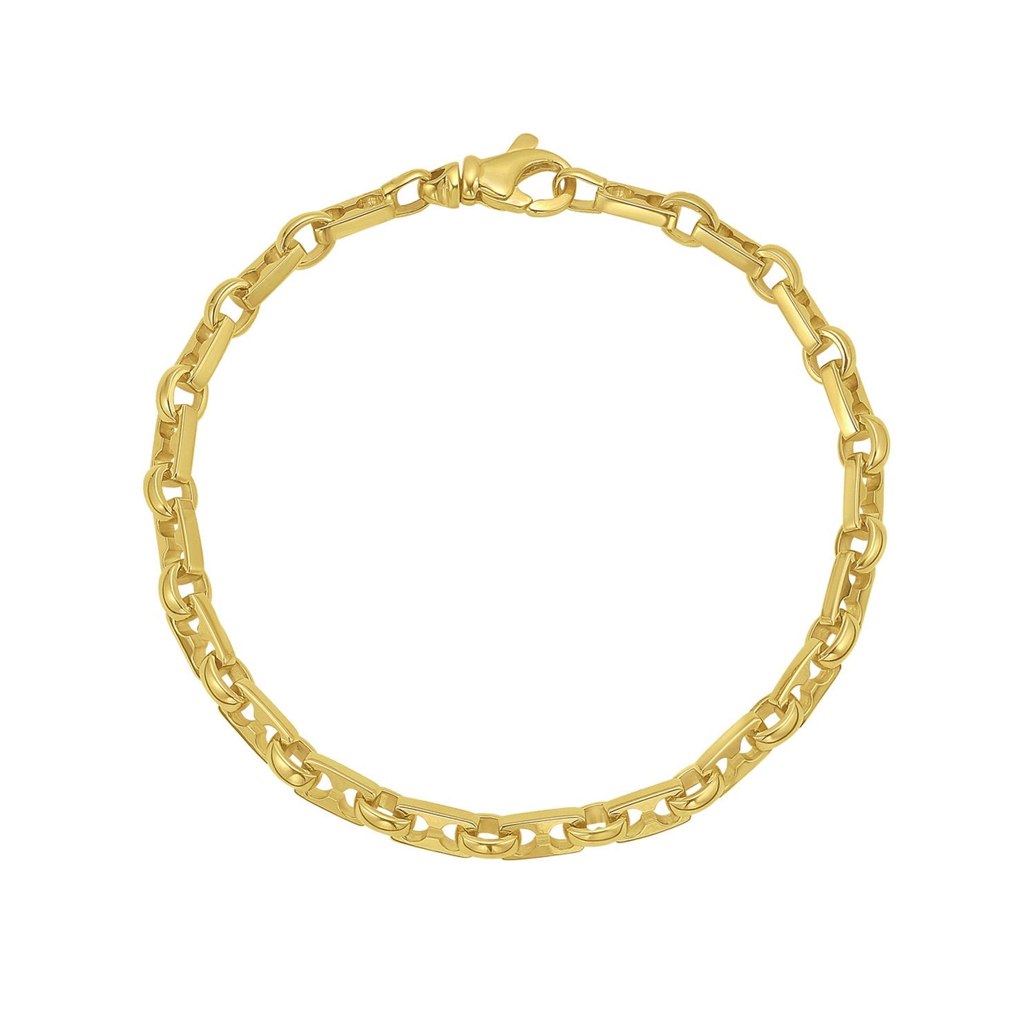 14K yellow gold rectangular railroad link bracelet with a lobster clasp.