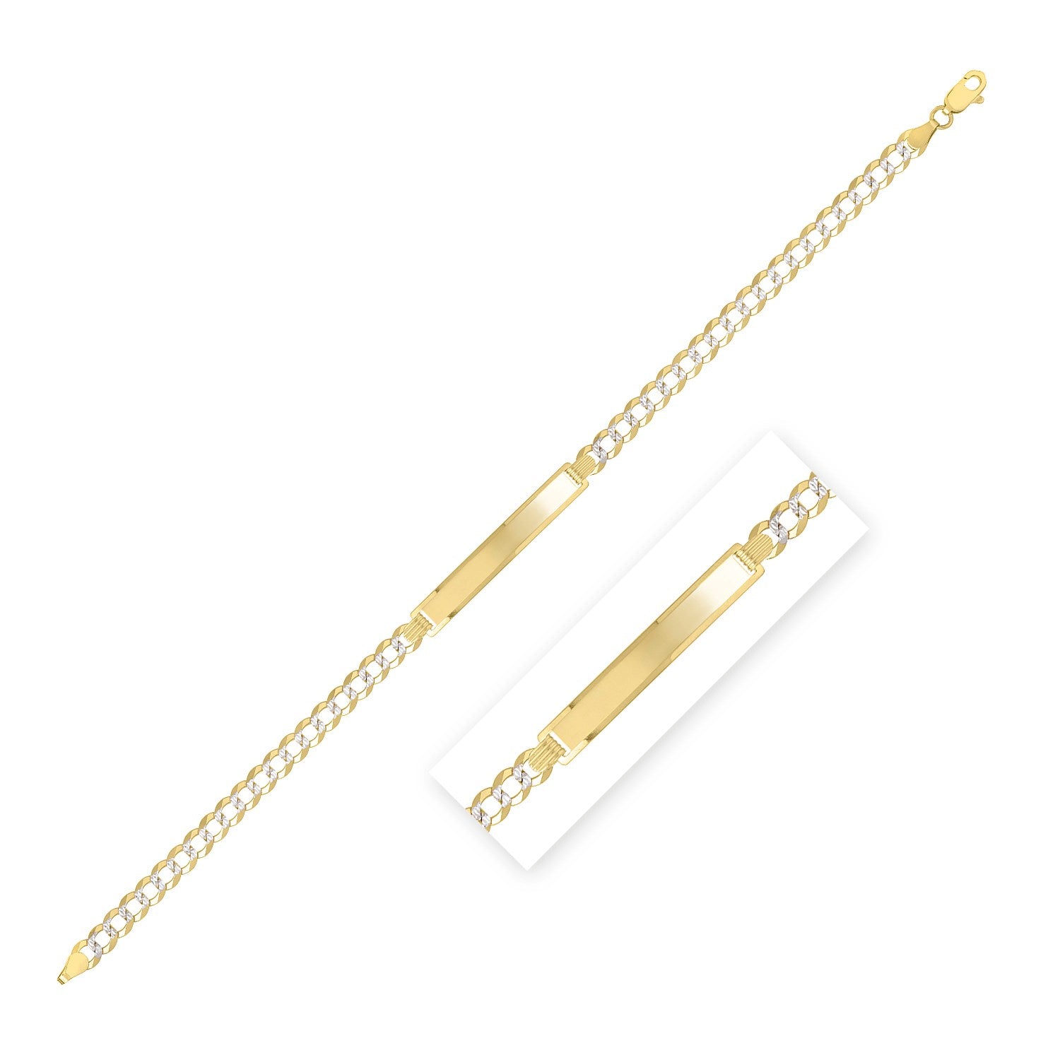 14k yellow gold pave curb ID bracelet with a polished rectangular plate and lobster clasp.