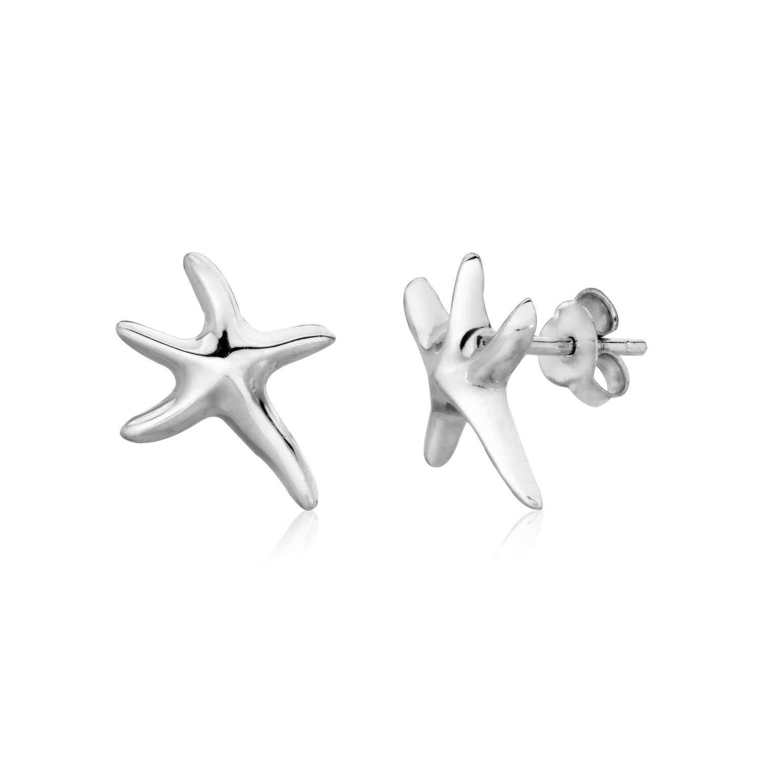 Sterling silver petite polished starfish earrings with pushback clasps.
