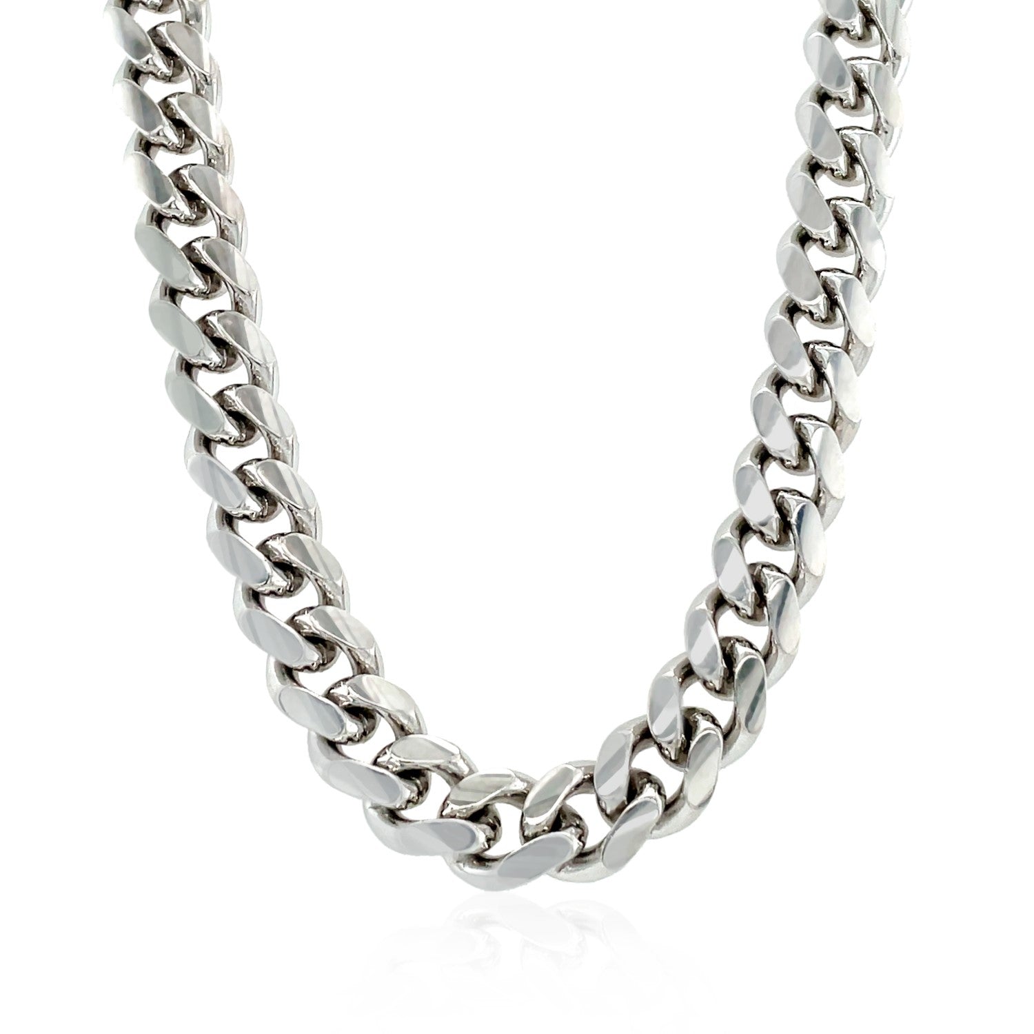 A sterling silver rhodium-plated Miami Cuban chain, 8.40 mm wide, with a box clasp.