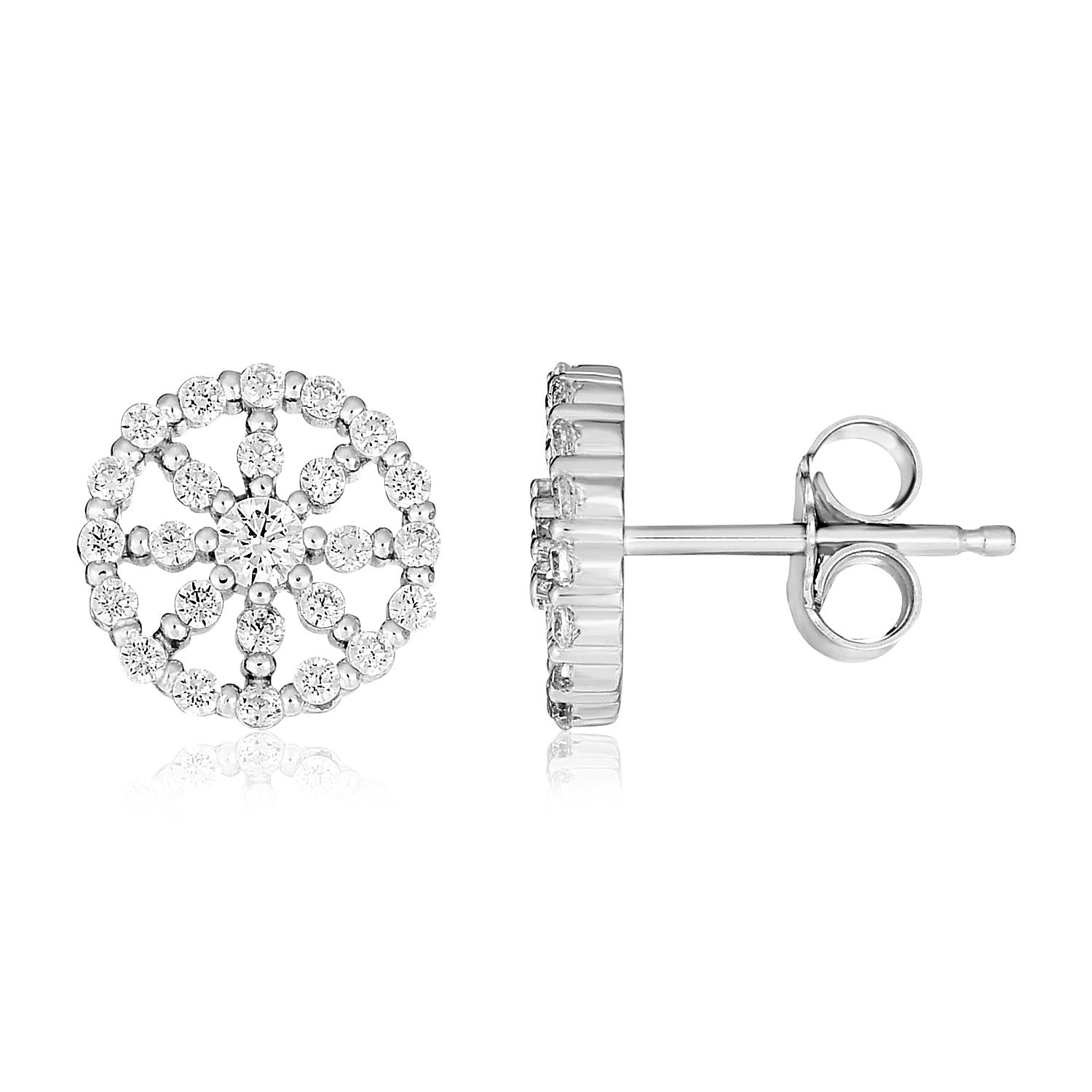 Sterling silver round halo earrings with cubic zirconia stones and a pushback clasp.