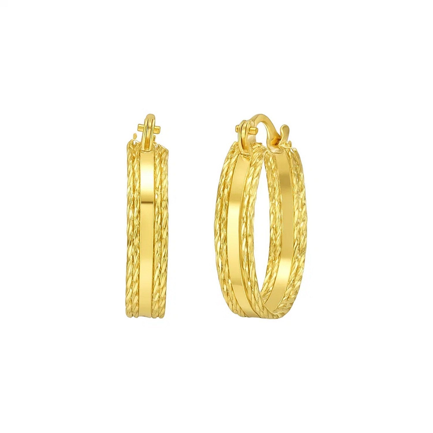 A pair of 14K yellow gold sparkle spring huggie hoop earrings with a polished finish.