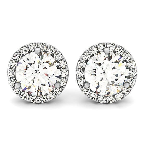 Pair of 14k white gold round halo diamond stud earrings with push backs.