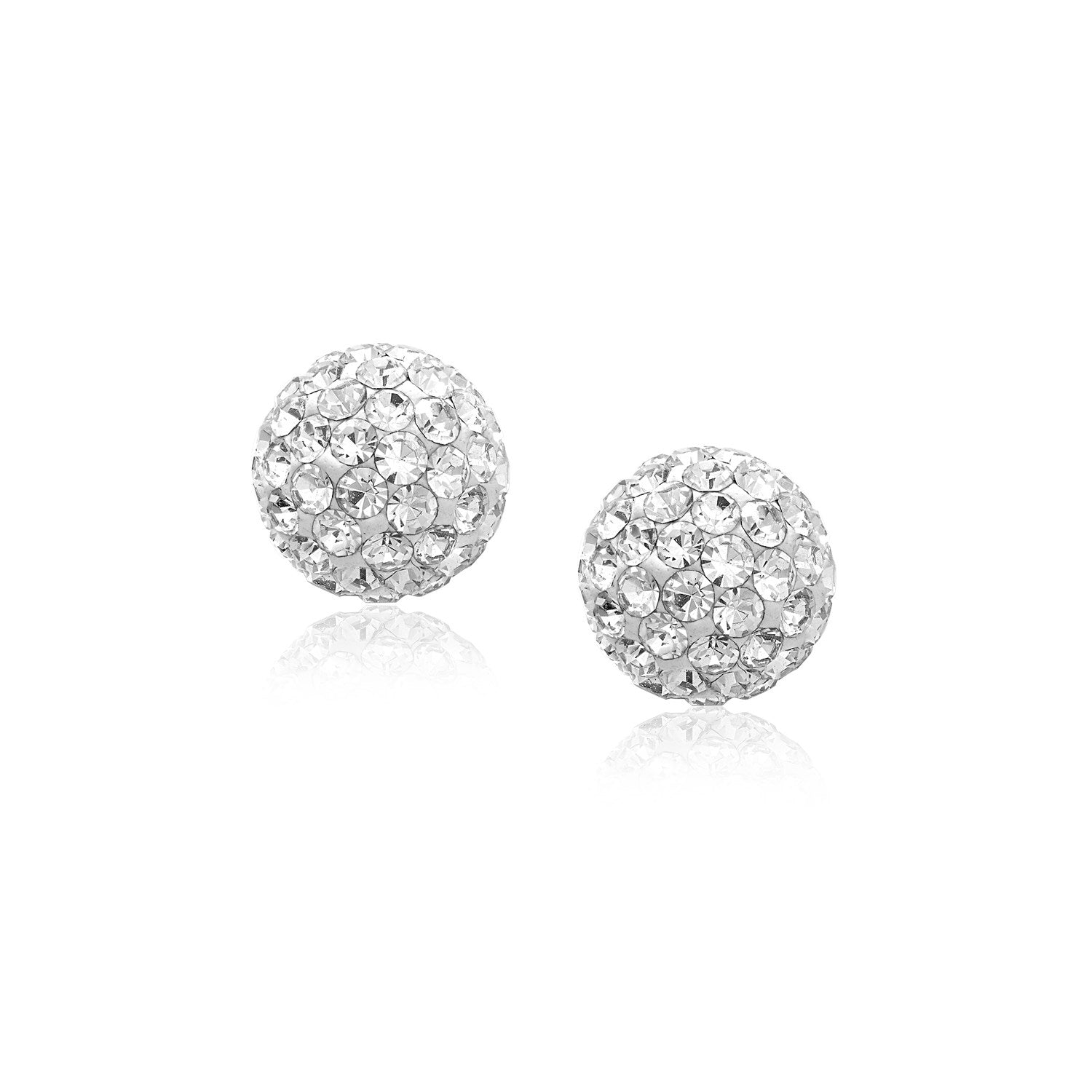 White tone crystal ball stud earrings in 14k yellow gold.