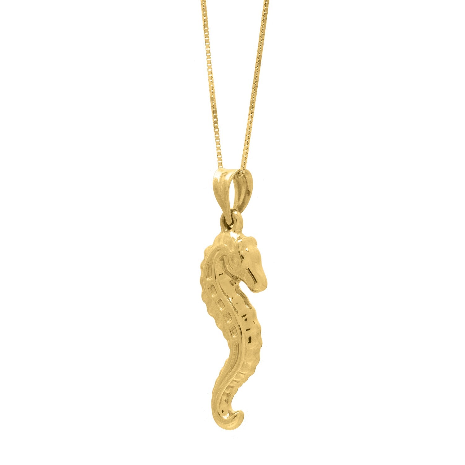 A polished 10K yellow gold seahorse pendant hangs from a delicate chain.