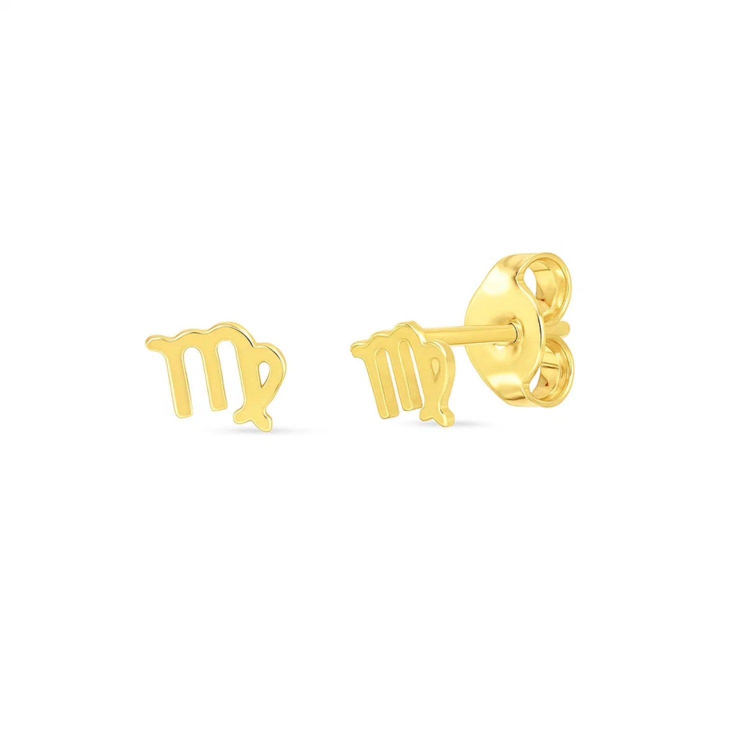 14k yellow gold Virgo stud earrings with a high polish finish and push backs.