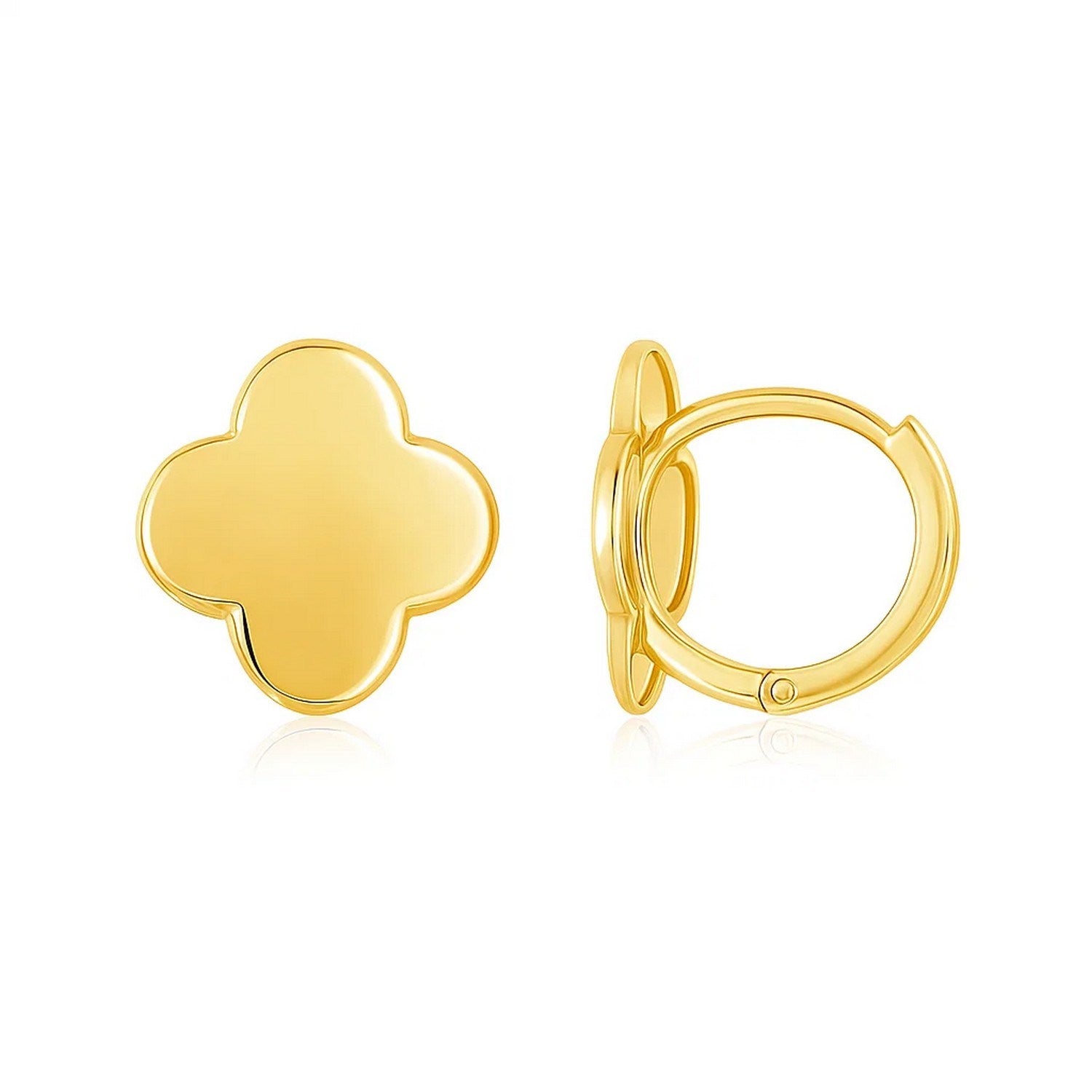 14K yellow gold polished clover stud earrings with a snap clasp closure.