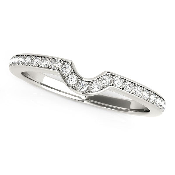 14k white gold modern curved wedding band with prong-set round diamonds.