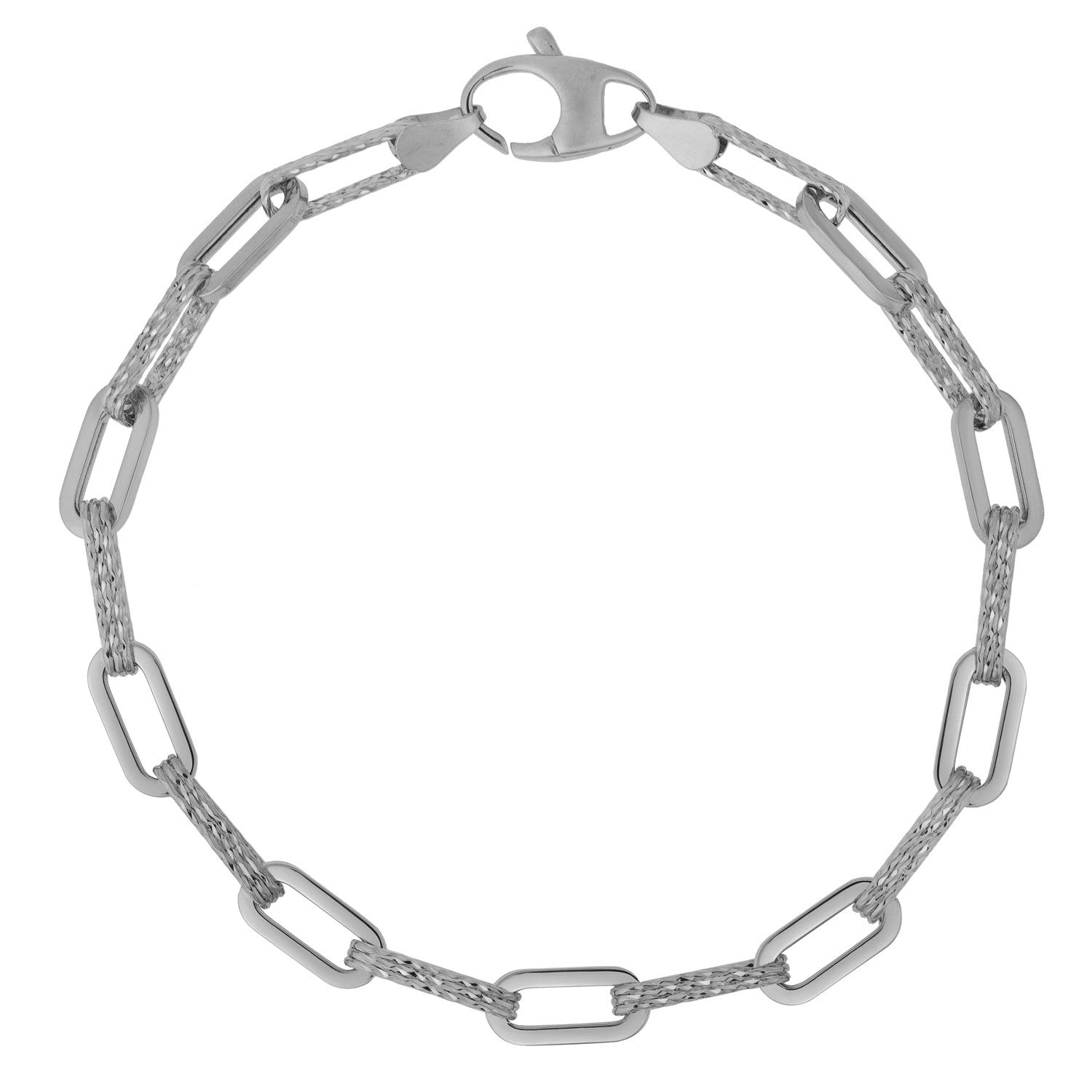 14k white gold diamante paperclip chain bracelet with a lobster clasp.