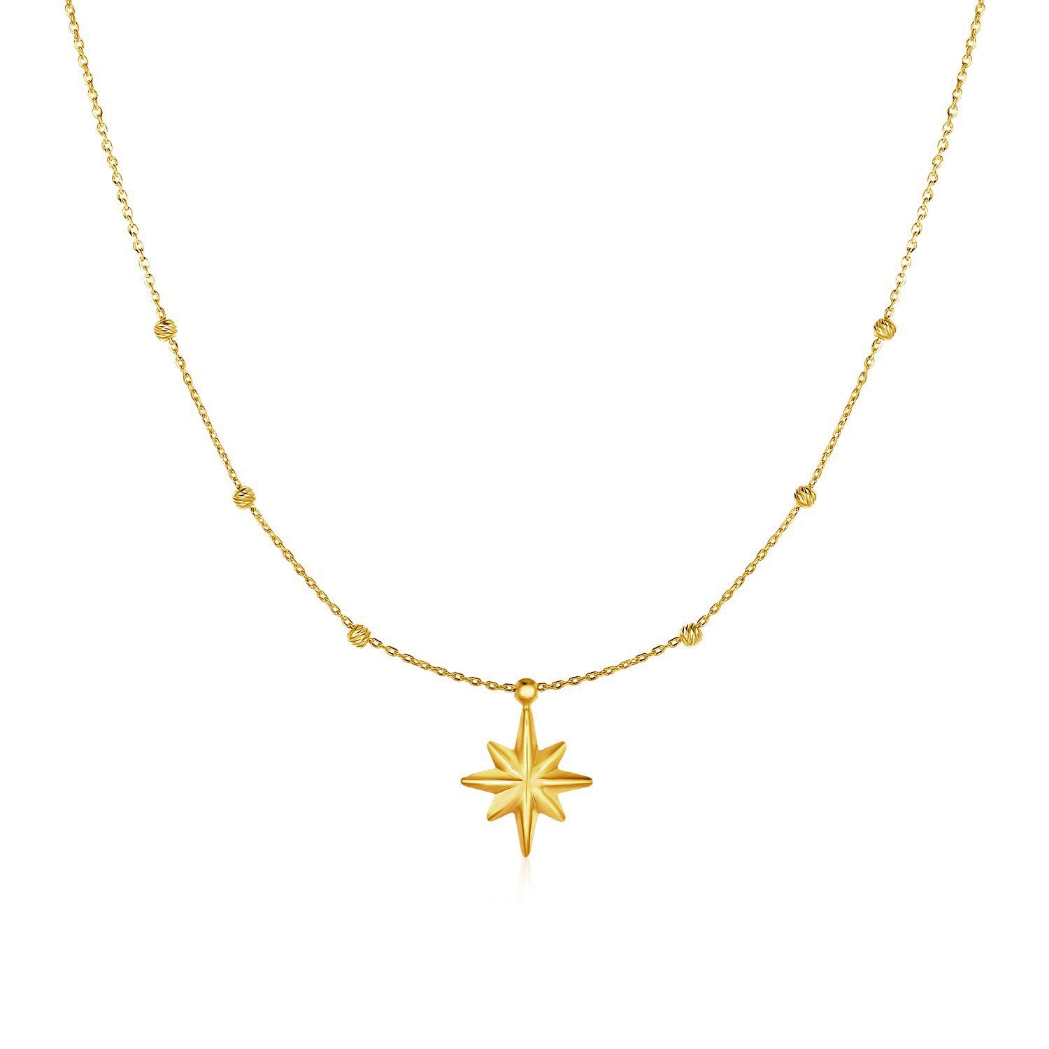 14k yellow gold necklace with an eight-pointed star pendant and textured beads.