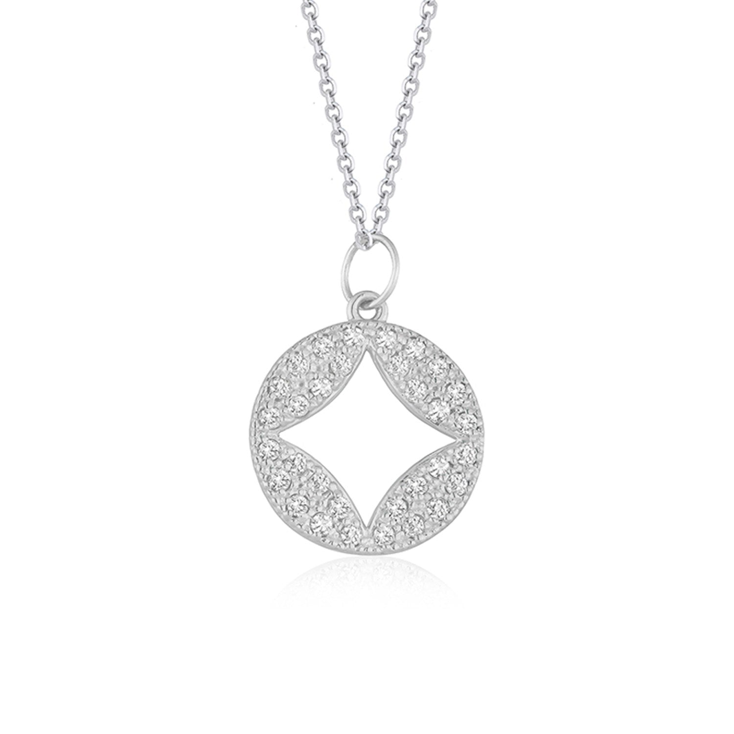 14k white gold diamond studded circle pendant with a cut-out design on a white background.