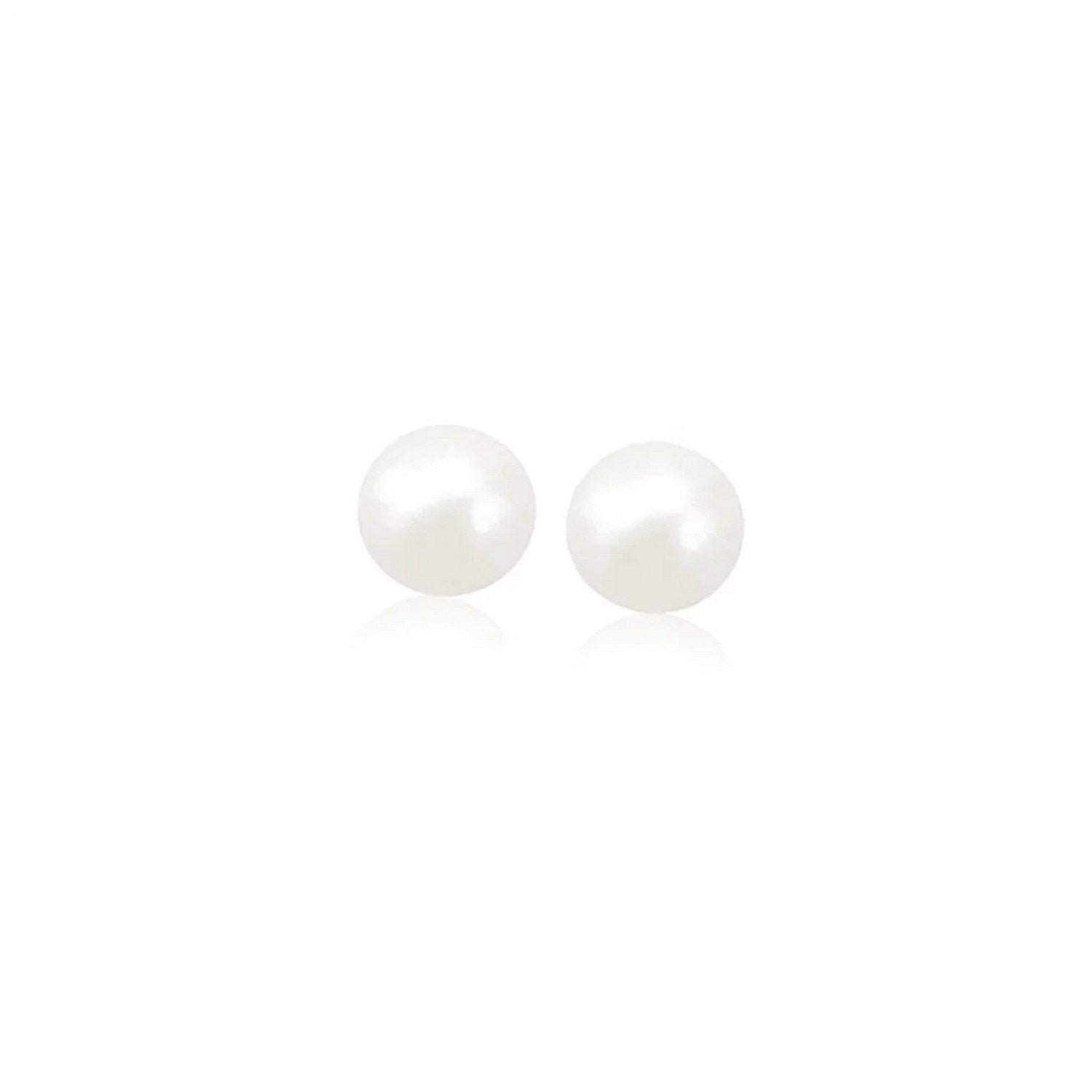 Two round white pearl stud earrings with reflections are shown on a white background.