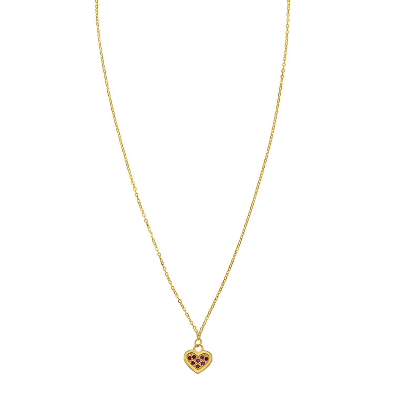 A 14K yellow gold rope chain necklace with a heart-shaped pendant featuring red stones.