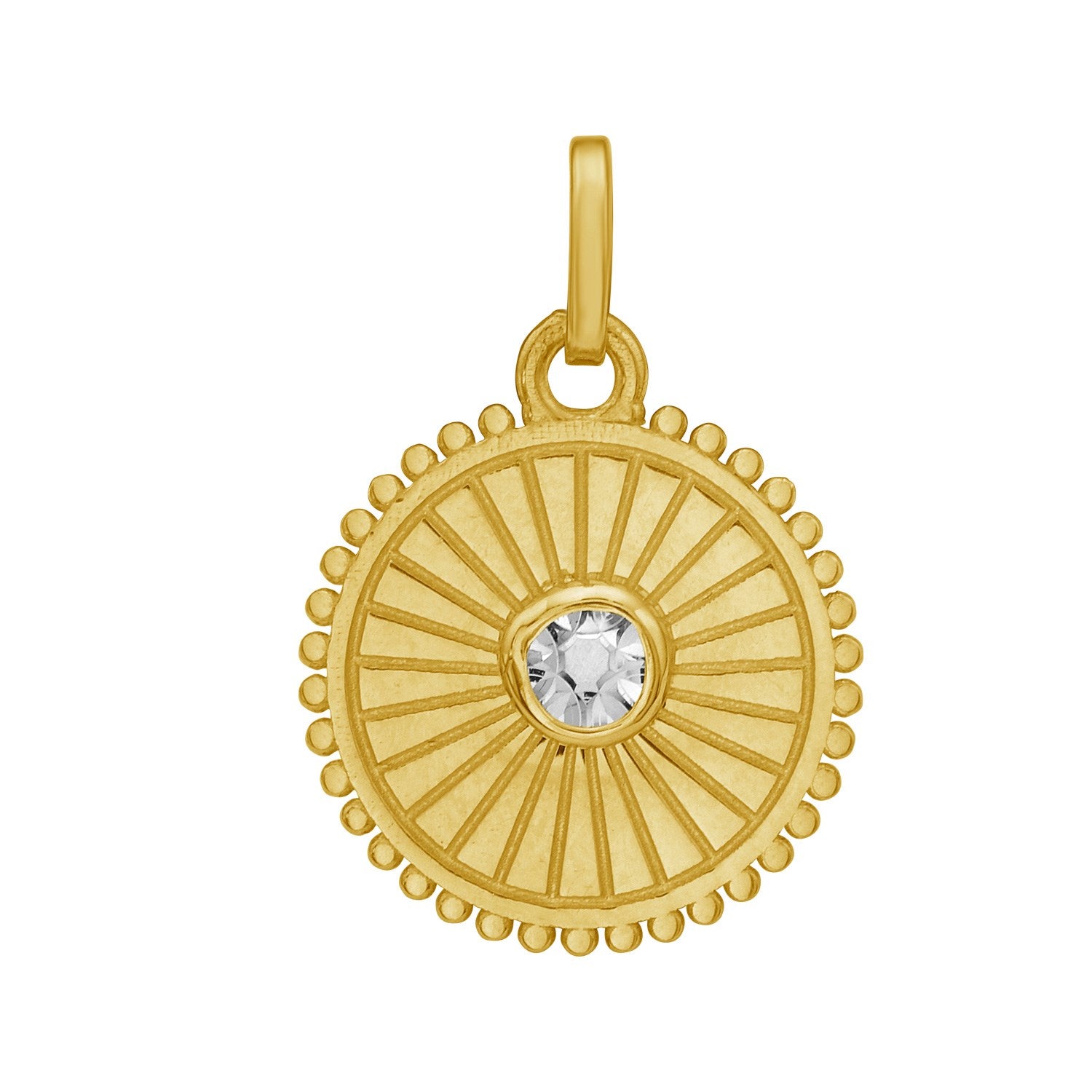 14K yellow gold disc charm pendant with a diamond-cut center and beaded edge.